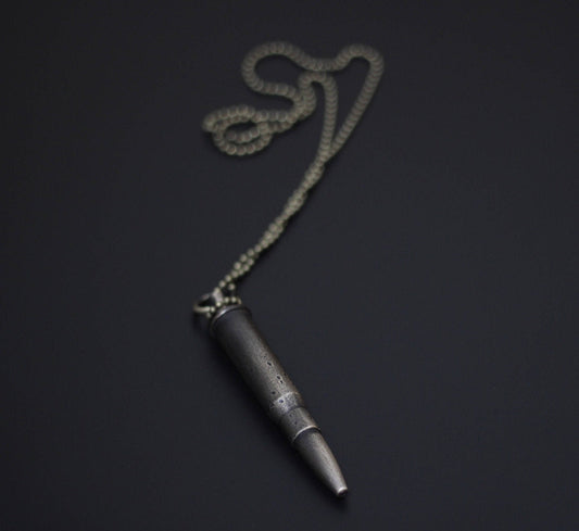 Bullet Pen Necklace - Battle Distressed Blackened Solid Brass Pendant with Matching Ball Chain / Writing / EDC / Tool