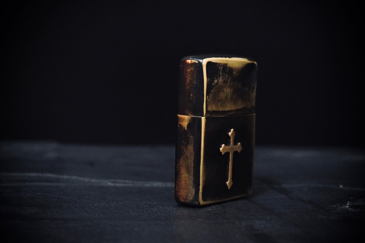 Customised Heavily Distressed & Oxidised Antique Vintage Patina Style Solid Brass Zippo Lighter with Cross Crucifix Emblem / EDC