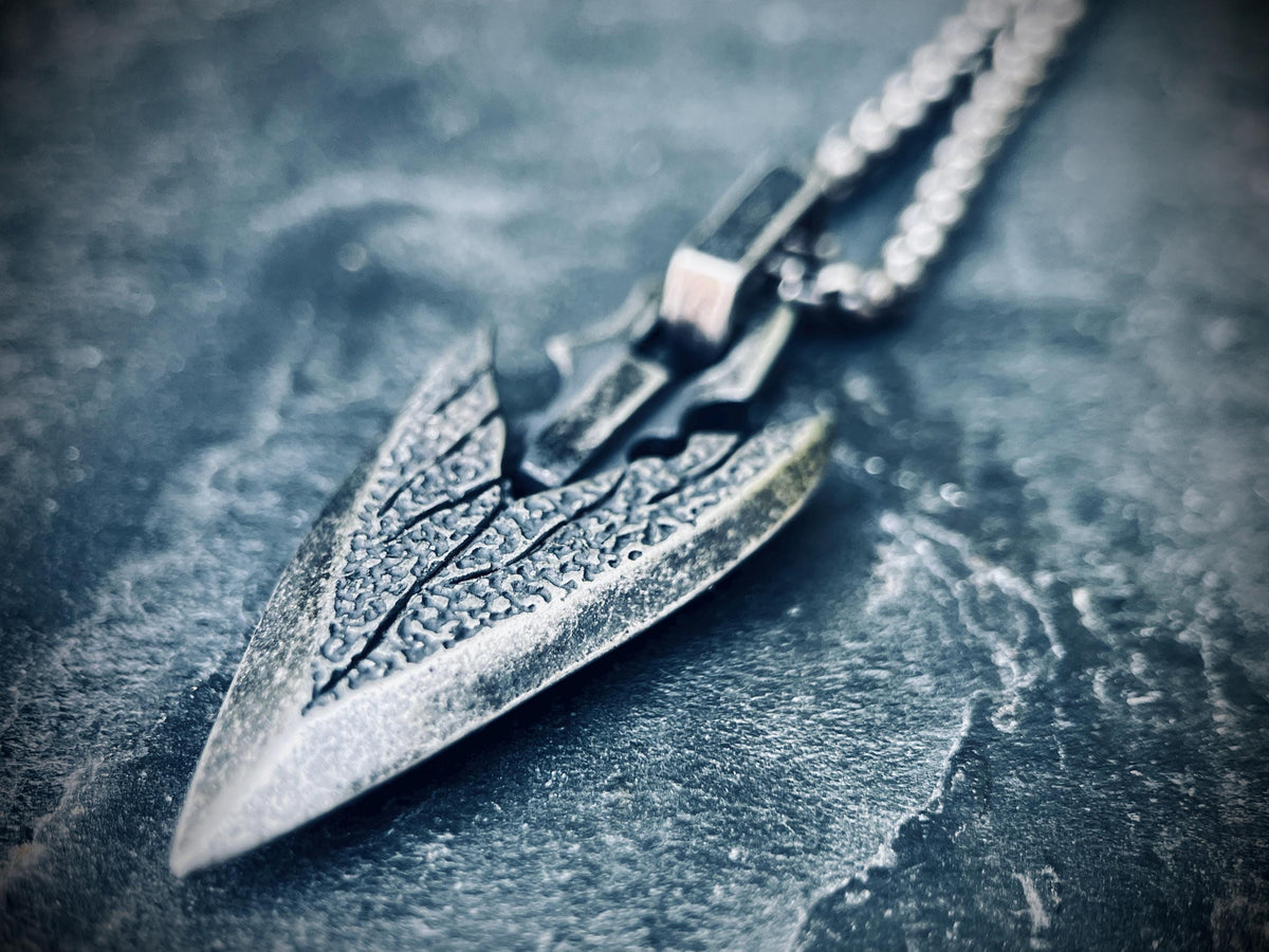 Rustic Solid Stainless Steel Blackened Silver Arrowhead Pendant & 24" Inch Matching Necklace – Oxidised and Distressed