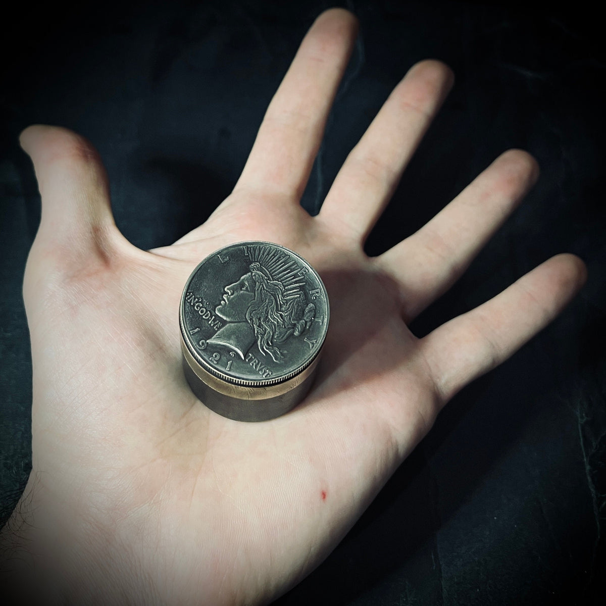 Handmade Brass Stash Box: Silver Hobo Coin Peace Dollar, Lady Liberty Pill, Medication Container