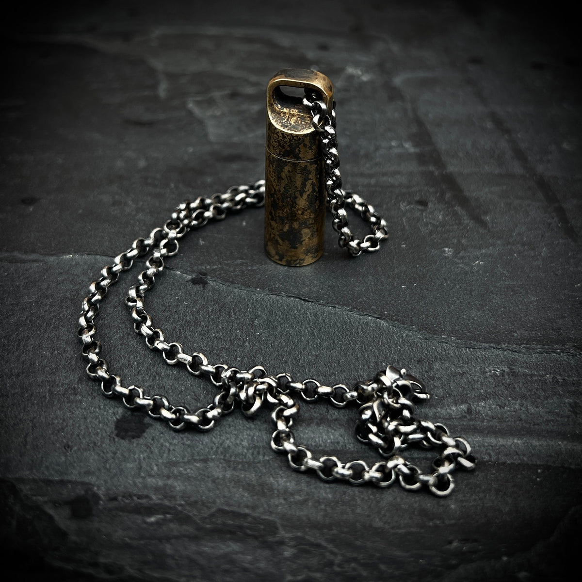 Distressed Brass Mini Shotgun Shell Stash Capsule Pendant & Sterling Silver Chain