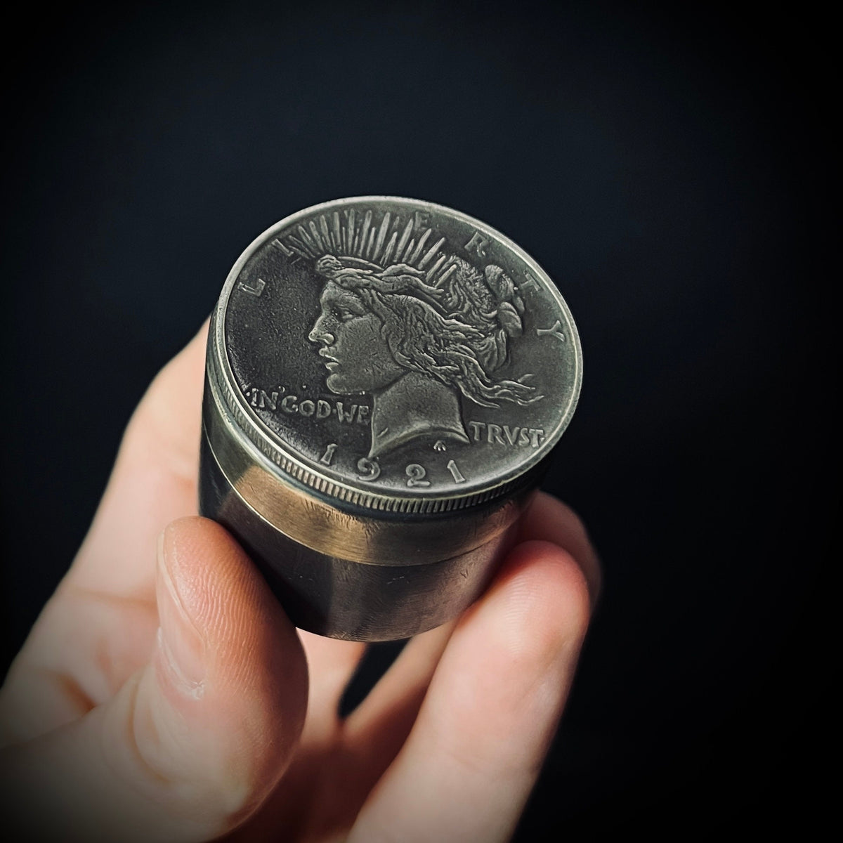 Handmade Brass Stash Box: Silver Hobo Coin Peace Dollar, Lady Liberty Pill, Medication Container