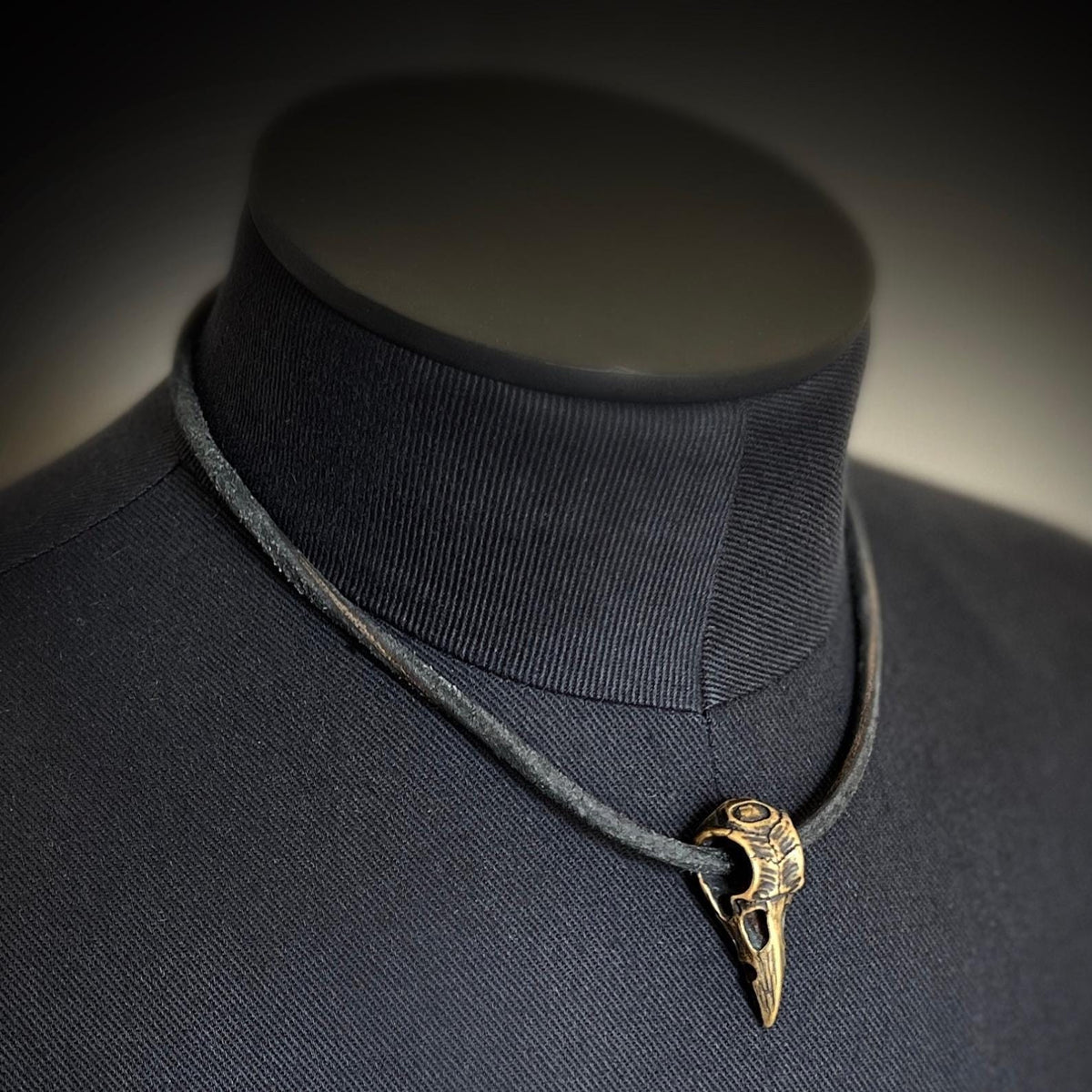 Rustic Oxidised Distressed Brass Crow Skull Pendant with Leather Cord Choker Necklace