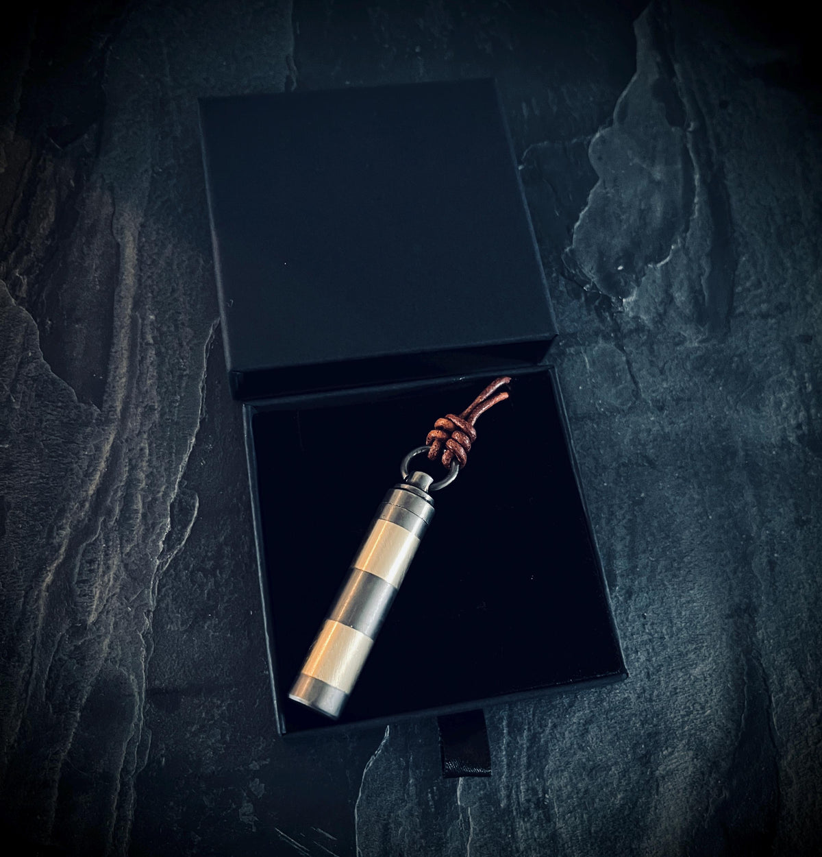 Handmade Striped 2-Tone Brass Cremation Capsule Pendant: Rustic Keepsake Stash Necklace & Brown Leather Cord
