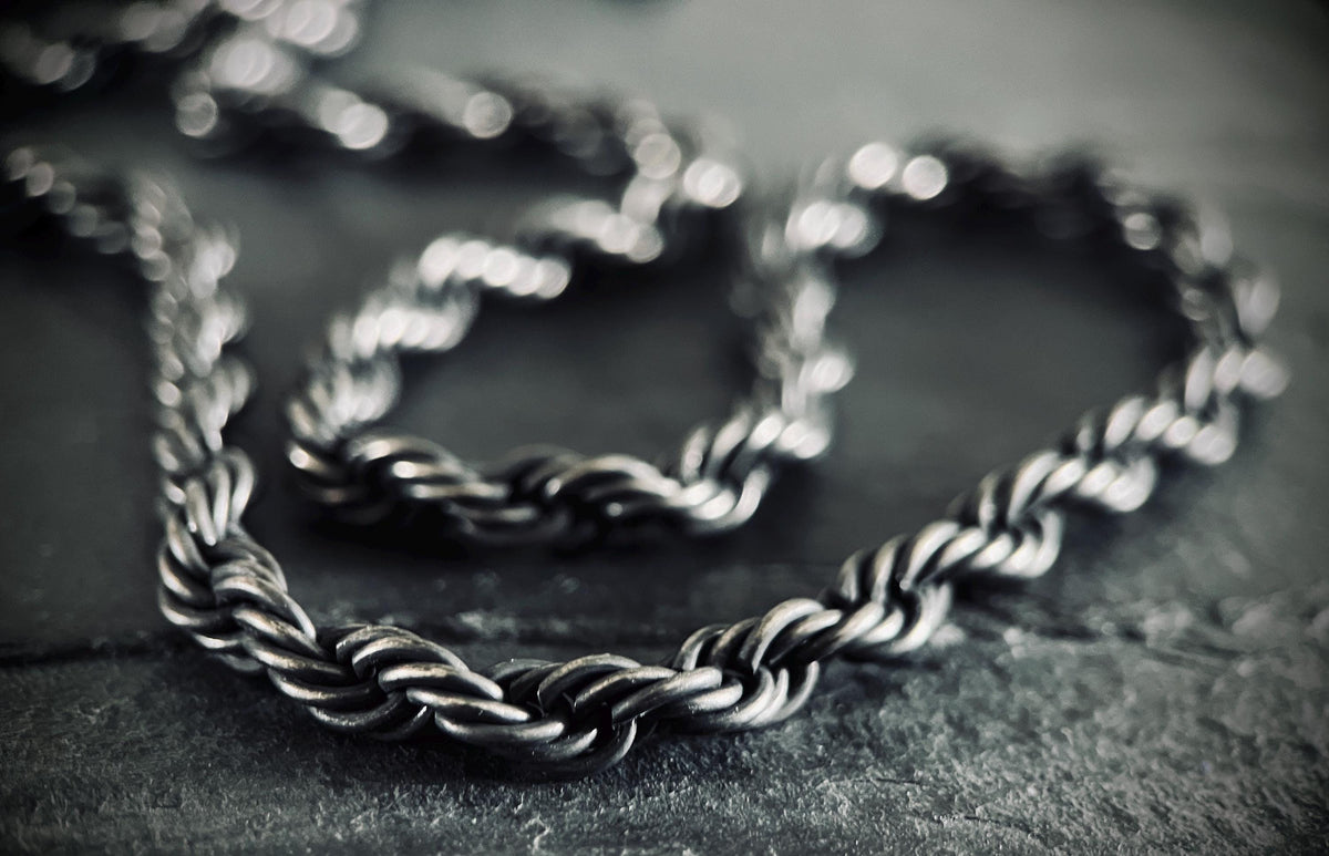 Rustic Chunky Heavy Oxidised Stainless Steel Twisted Rope Chain Necklace - Mens Minimalist Style - 24" Inches