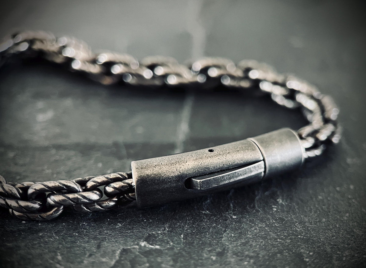 Oxidized Stainless Steel Rope Chain Bracelet: Chunky Blackened Silver, Mens Rustic Style