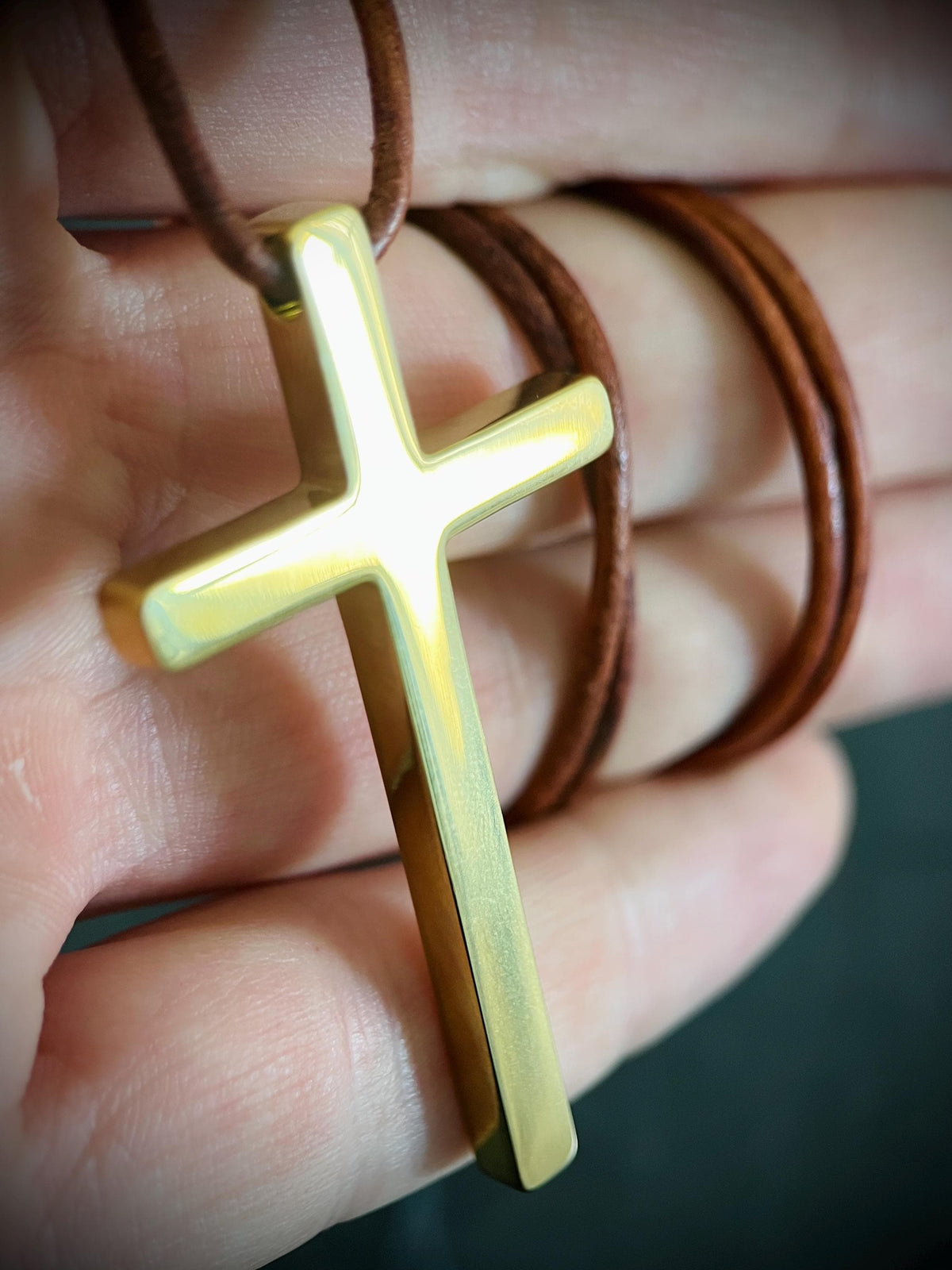 Gold Stainless Steel Cross Necklace with Rustic Brown Leather Cord