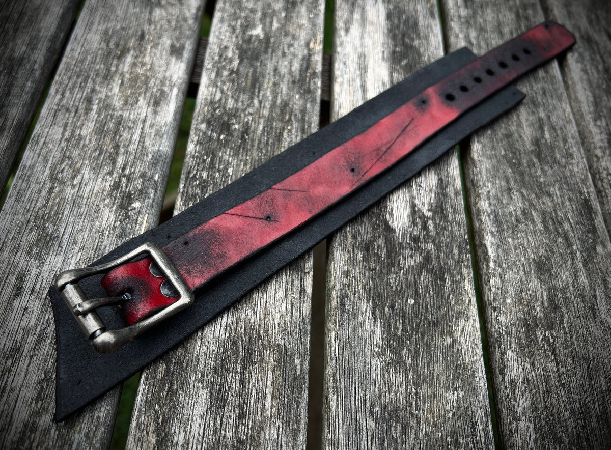 Artisan Handmade Red & Black Road Worn Out Distressed Relic Leather Wristband Wrap Cuff Bracelet Accessory with Oxidised Silver Buckle Strap