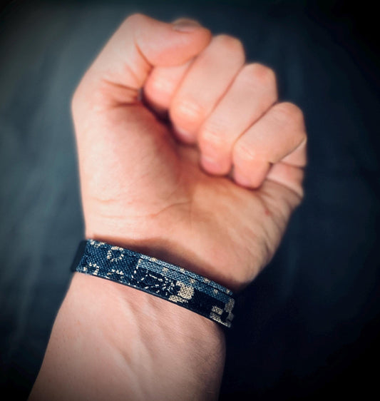 Distressed Black Leather & Denim Wrap Bracelet: Solid Brass Buckle