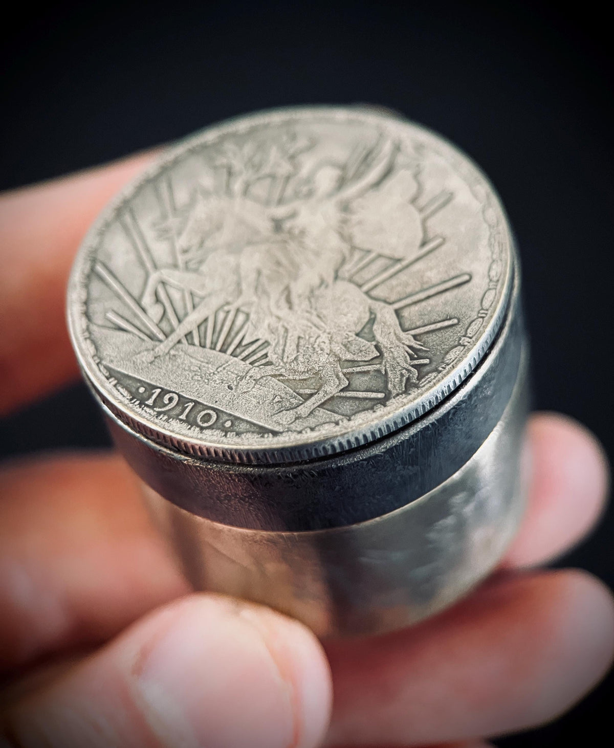 Handmade Silver Peace Knight Peso Caballito Dollar Hobo Coin Brass Pill Bottle Stash Capsule Container / Pot / EDC / Medicine / Snuff Box