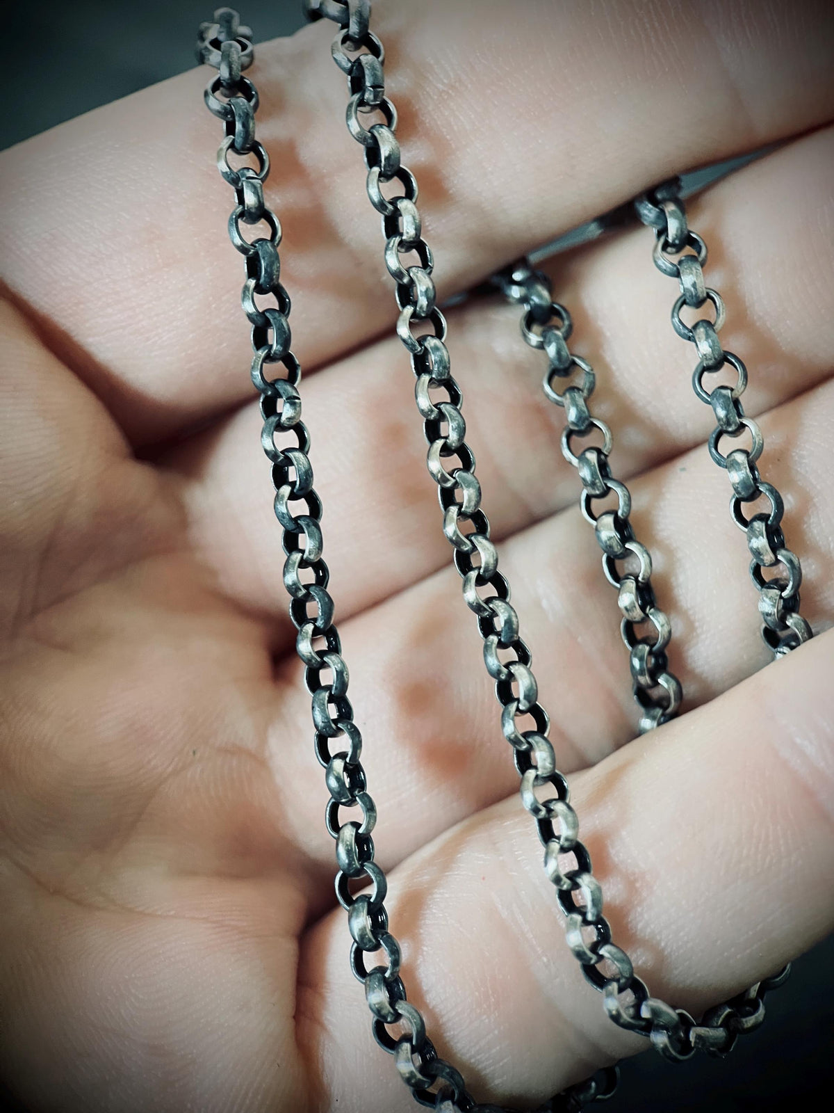 Simple Minimalist 925 Solid Sterling Silver Distressed Oxidised Rustic 22" Inch Rolo Loop Link Chain Necklace