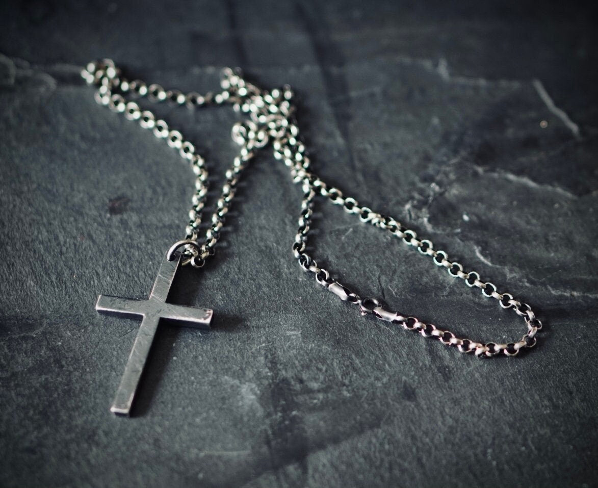 Rustic Oxidised Distressed 925 Sterling Silver Cross Pendant & 24" Rolo Chain Necklace