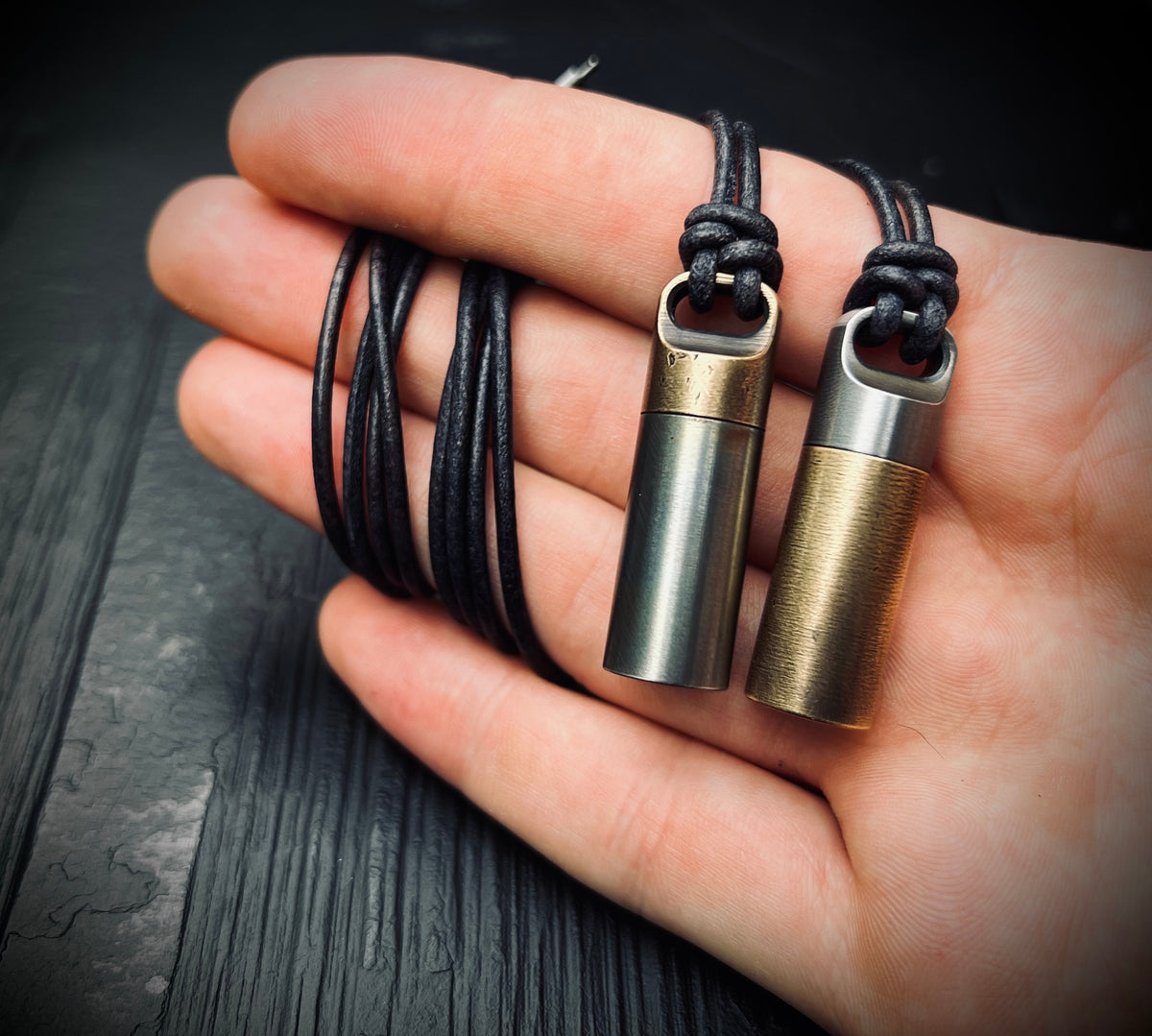 Two-Tone Brass & Stainless Steel Keepsake Necklace: Matching Pair of Stash Capsule Pendants / Couples / Friends