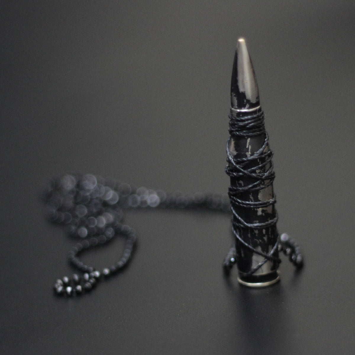 Heavily Distressed Deactivated Matte Black & Silver Cord Wrapped Rifle Bullet Pendant with Matching Necklace / Rustic / Unique / Accessories