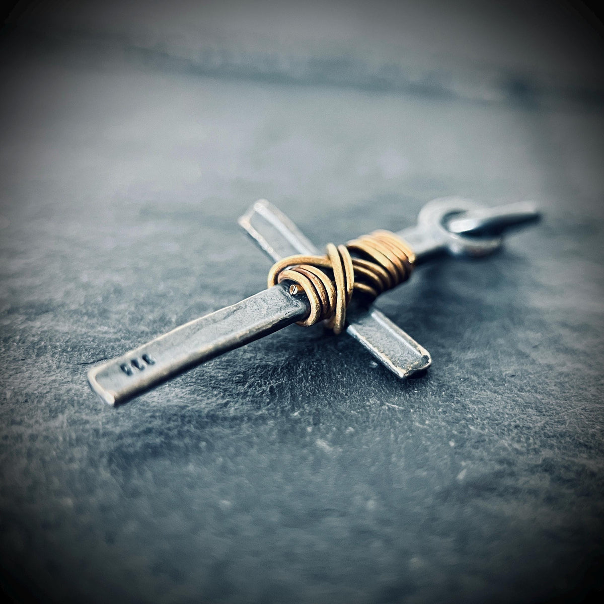 Distressed & Oxidised 925 Solid Sterling Silver Dainty Small Rustic Cross Crucifix Pendant with Brass Rope Wrapping | Minimalist | Plain
