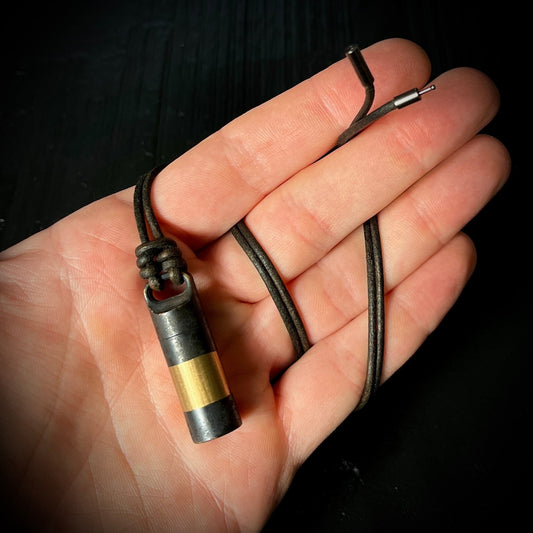 Rustic Brass 2-Tone Black & Gold Contrast Small Pill Vial Distressed Capsule Stash Urn Pendant with Leather Cord Necklace / EDC