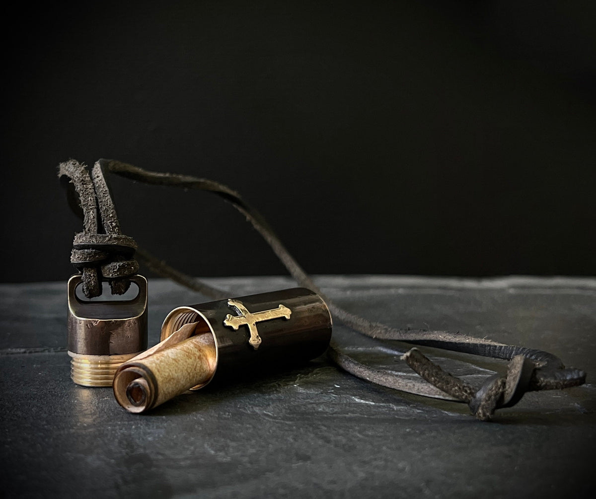 Rustic Brass Shotgun Shell Stash Capsule Necklace - Large Cross Crucifix Pendant