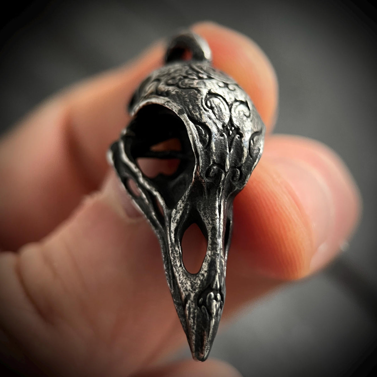 Oxidised Blackened Stainless Steel Crow Skull Amulet Ornate Pendant