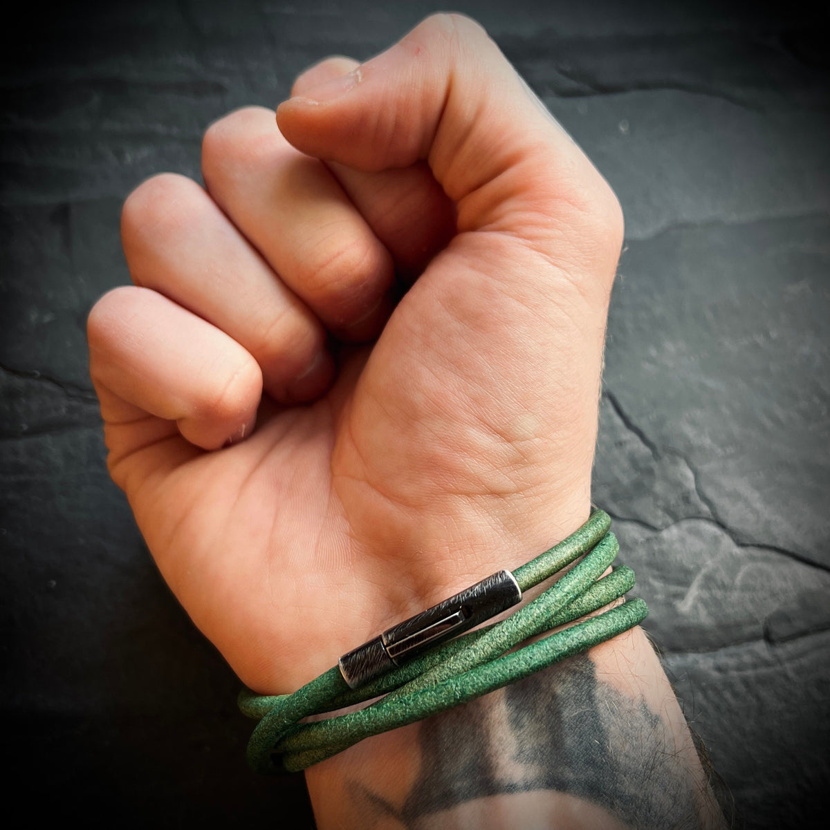Artisan Handmade Minimalist Green Distressed Relic Leather Wrap Wristband Cuff Bracelet Accessory with Brushed Matte Black Lock Clasp