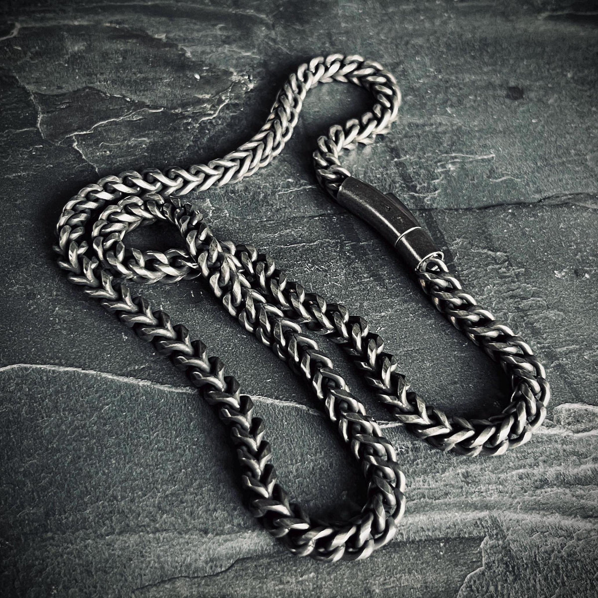 Oxidised Black & Silver Stainless Steel Chunky Thick Heavy Foxtail Chain Necklace - 24” Inches