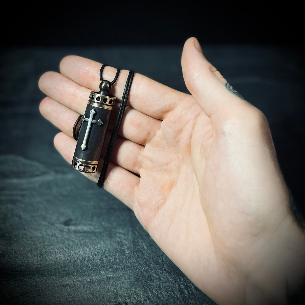 High Contrast Aged Solid Brass Small Pill Vial Distressed Shotgun Shell Capsule Stash Urn Cross Pendant & Matching Leather Cord Necklace