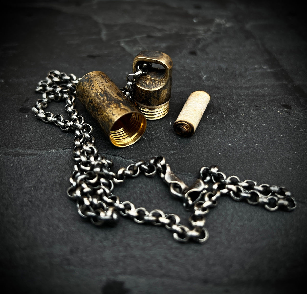 Distressed Brass Mini Shotgun Shell Stash Capsule Pendant & Sterling Silver Chain