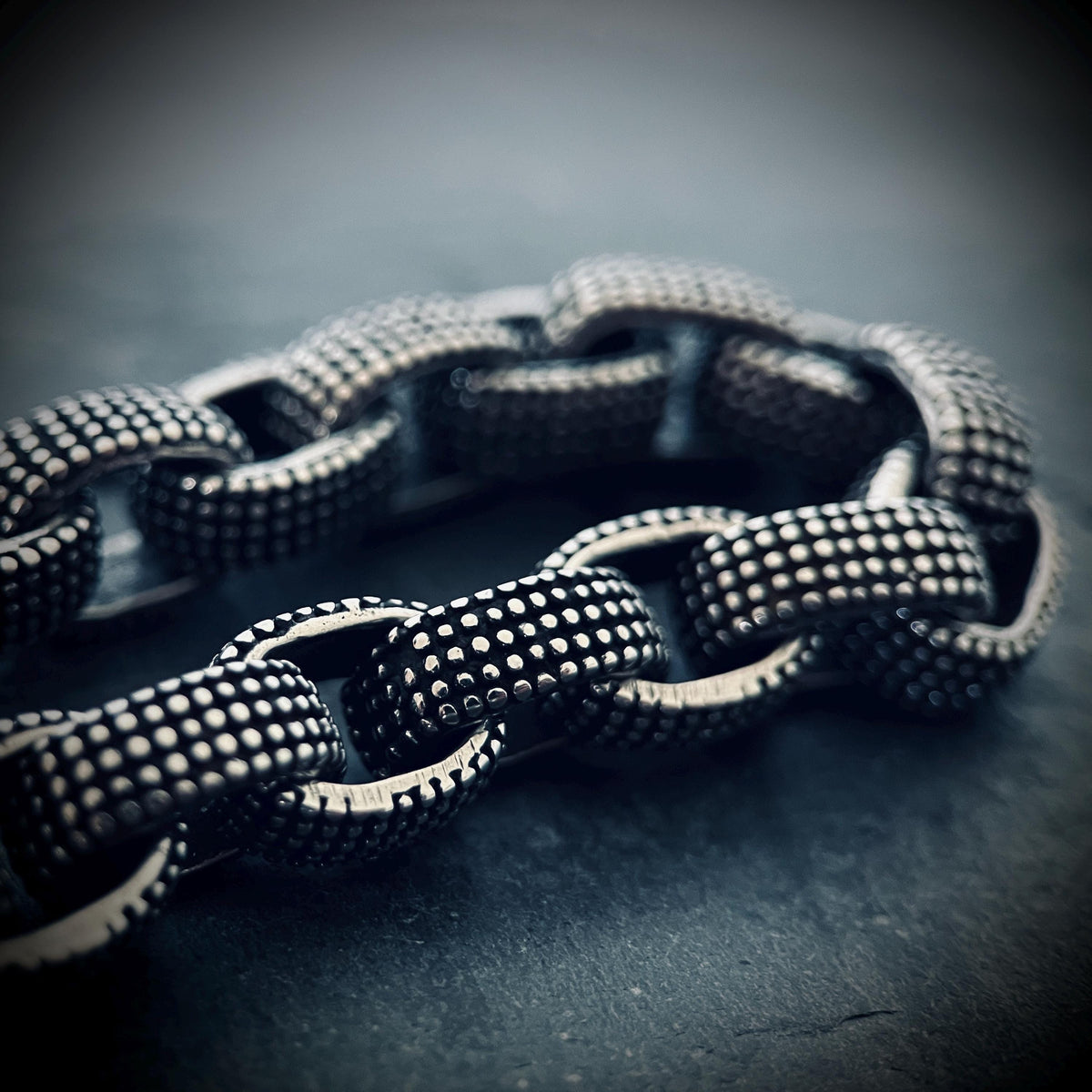 Oxidized Stainless Steel Chunky Chain Bracelet: Embossed Dot Link, Rustic Mens Jewelry