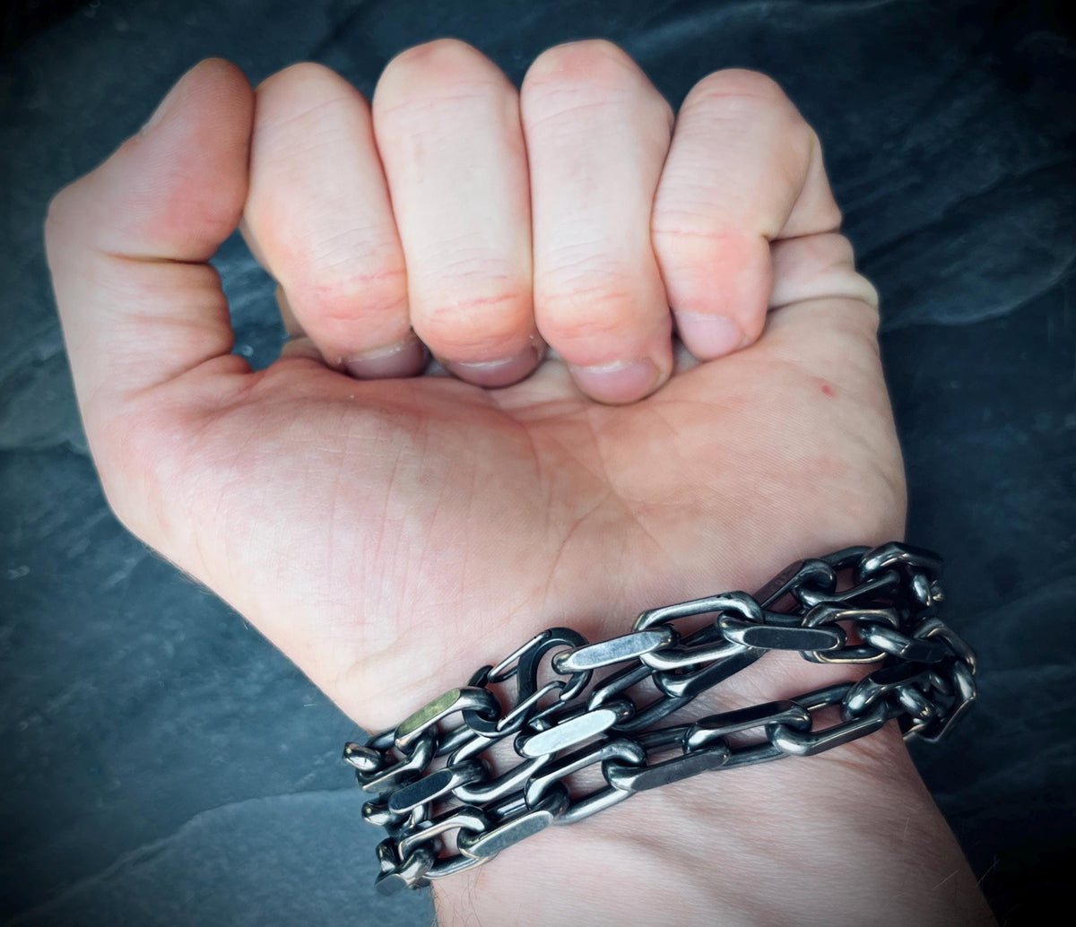 Thick Chunky Heavy Distressed Silver Stainless Steel Cable Link Boxy Chain Bracelet