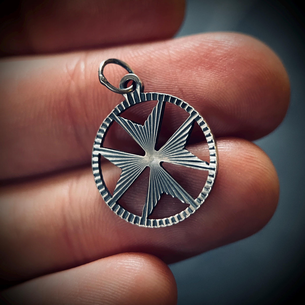Small Oxidised Sterling Silver Decorative Maltese Cross Pendant – Rustic Crucifix Charm with Engravings
