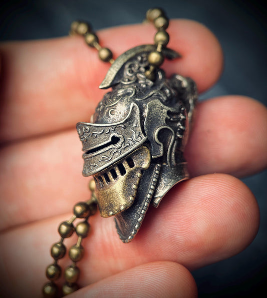 Ornate Highly Detailed Carved Distressed Aged White Brass Templar Knight Helmet Skull Pendant Necklace
