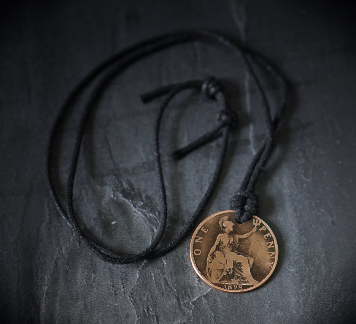 Victorian Penny Coin Necklace: Distressed Copper Pendant, Adjustable Cord