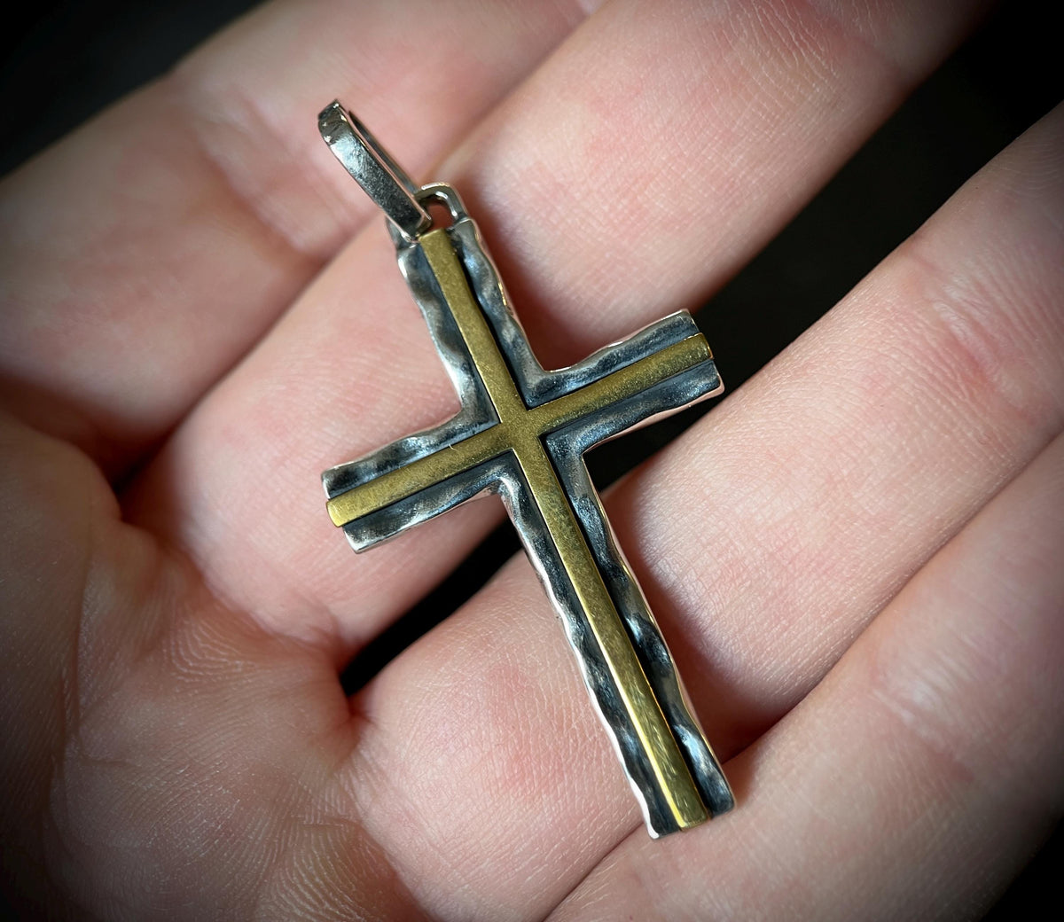 Distressed Handmade 925 Solid Sterling Silver & Brass Simple Minimalist Hammered Cross Crucifix Pendant with Presentation Gift Box