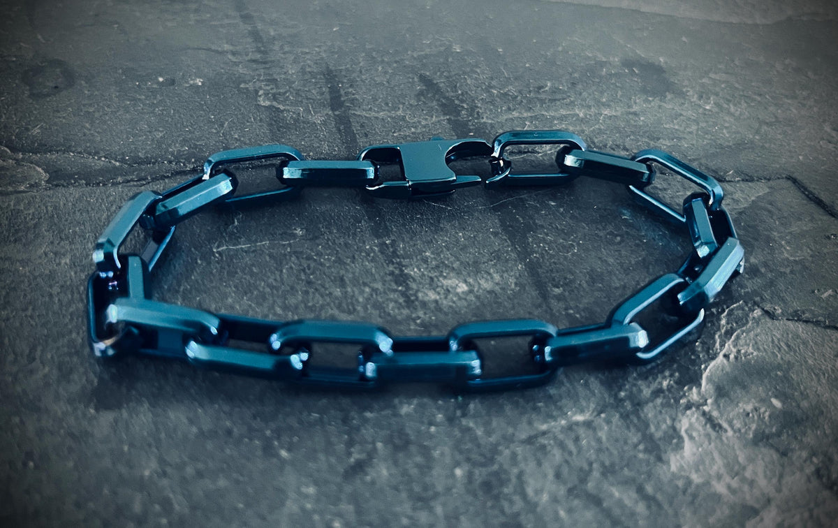 Simple Stainless Steel Teal Metallic Blue Thick Chunky Heavy Anchor Link Chain Bracelet - Mens / Unisex / Titanium / Minimalist