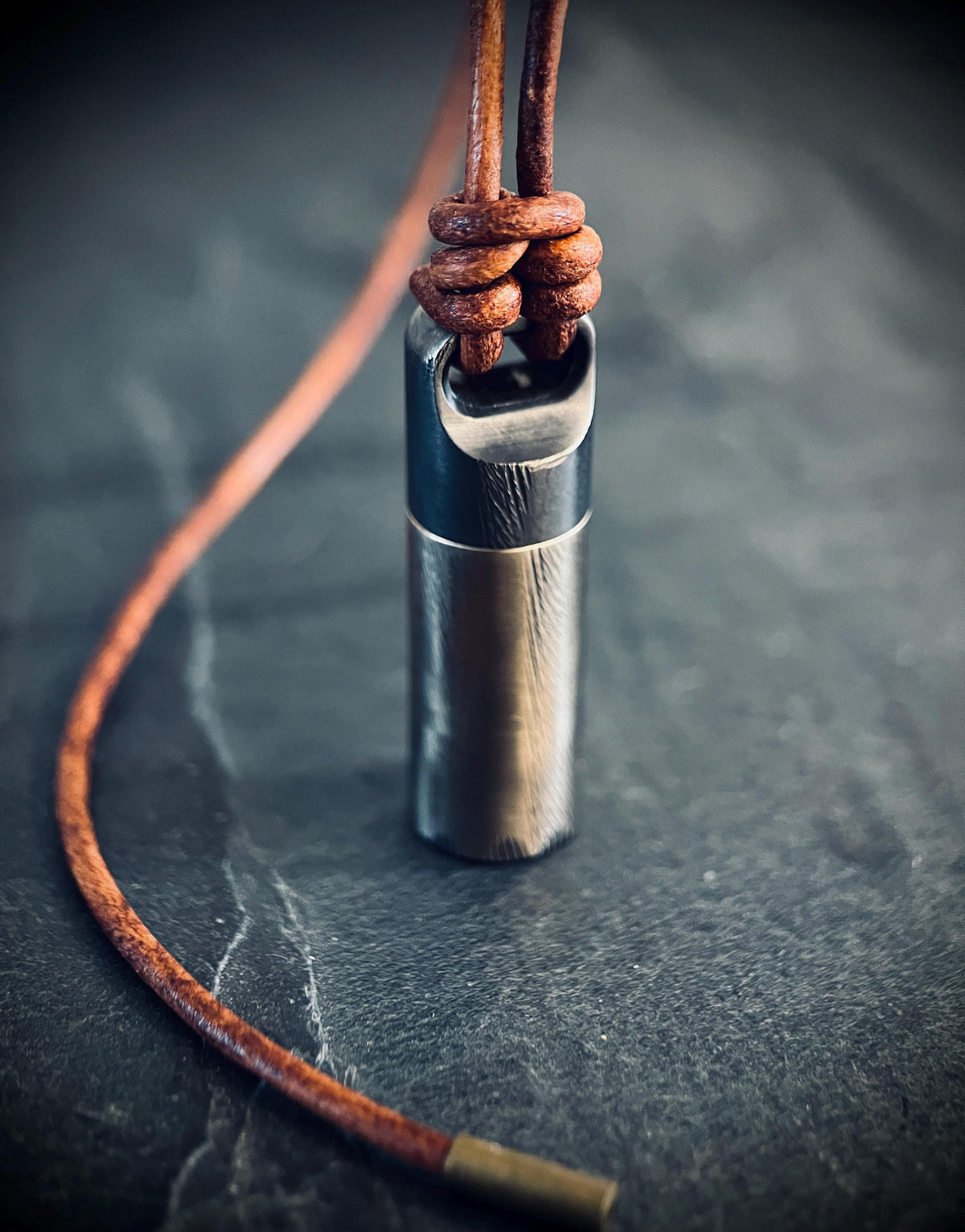 Handmade Brass Vial Capsule Pendant: Rustic 2-Tone Cremation Keepsake with Brown Leather Cord Necklace