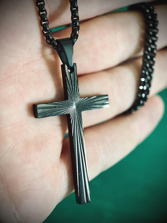 Black Stainless Steel Ornate Engraved Pattern Cross Pendant & Necklace - Boxy Style