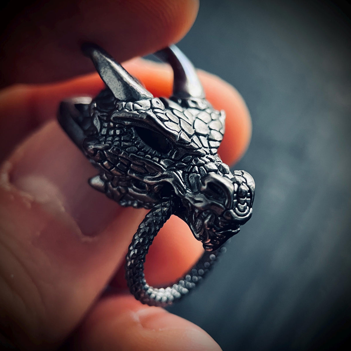 Black Oxidised Blackened Dark Steel Ornate Dragon Amulet Pendant