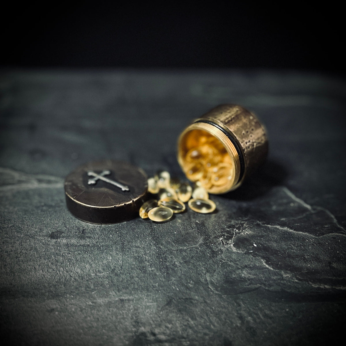 Custom Ornate Distressed Brass Vintage Style Pill Bottle Stash Capsule Container with Cross Crucifix / Survival EDC / Medication / Snuff Box