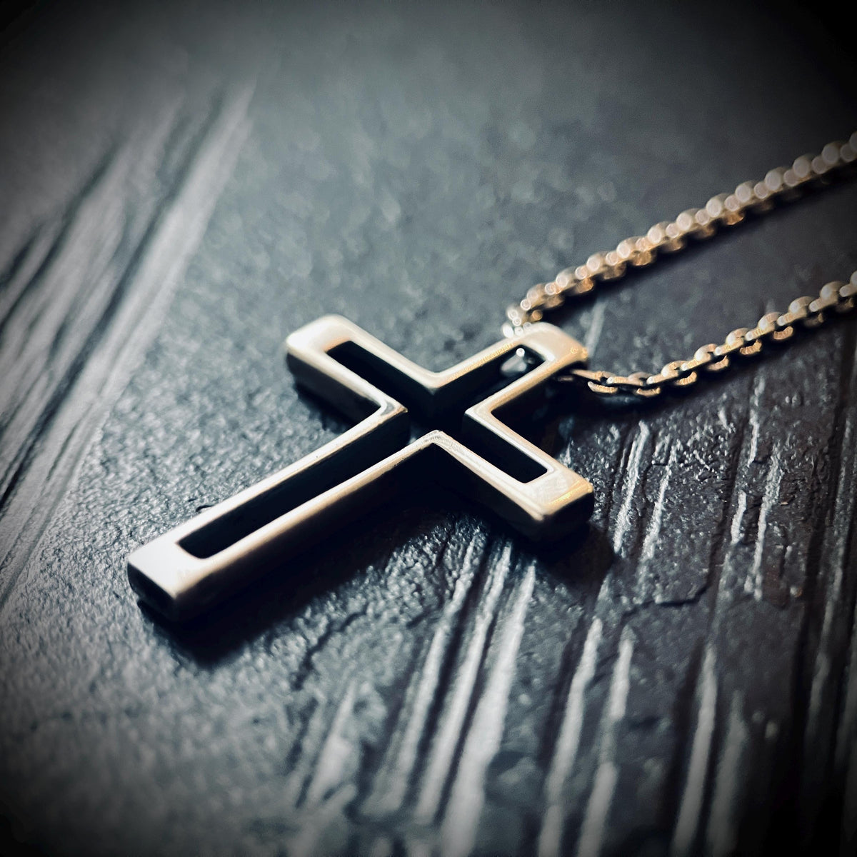 Small Minimalist Rustic Oxidised Distressed Silver Cross Crucifix Pendant & 50cm Cable Necklace Chain