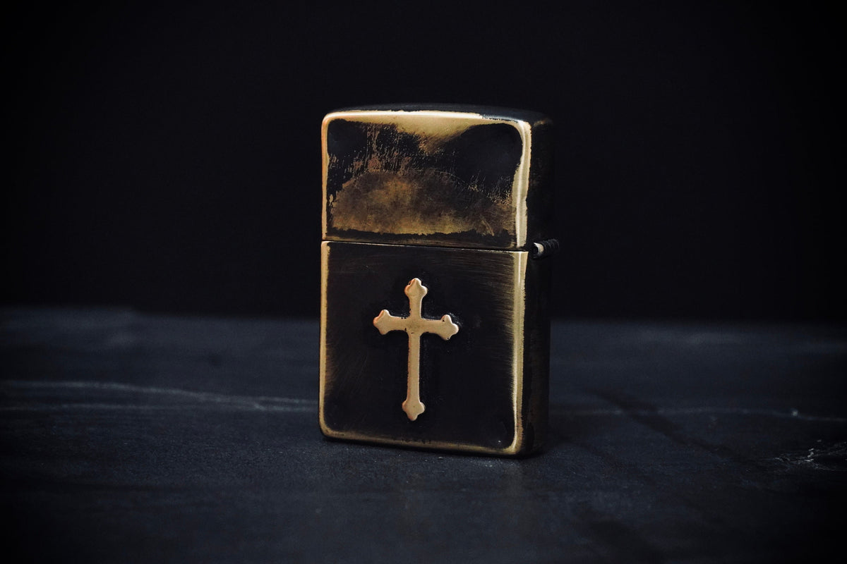 Customised Heavily Distressed & Oxidised Antique Vintage Patina Style Solid Brass Zippo Lighter with Cross Crucifix Emblem / EDC