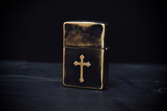 Customised Distressed & Oxidised Solid Brass Zippo Lighter with Cross Crucifix Emblem