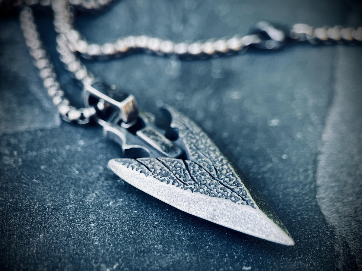 Rustic Solid Stainless Steel Blackened Silver Arrowhead Pendant & 24" Inch Matching Necklace – Oxidised and Distressed