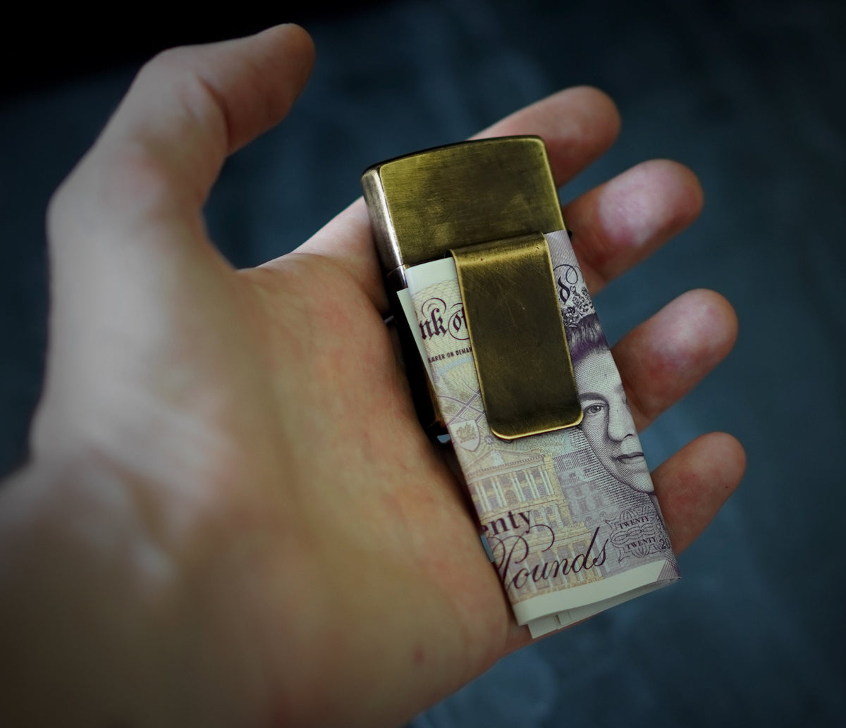 Customised Distressed Oxidised Style Vintage Worn Solid Brushed Brass Metal Zippo Lighter & Money Clip Wallet Accessory / EDC