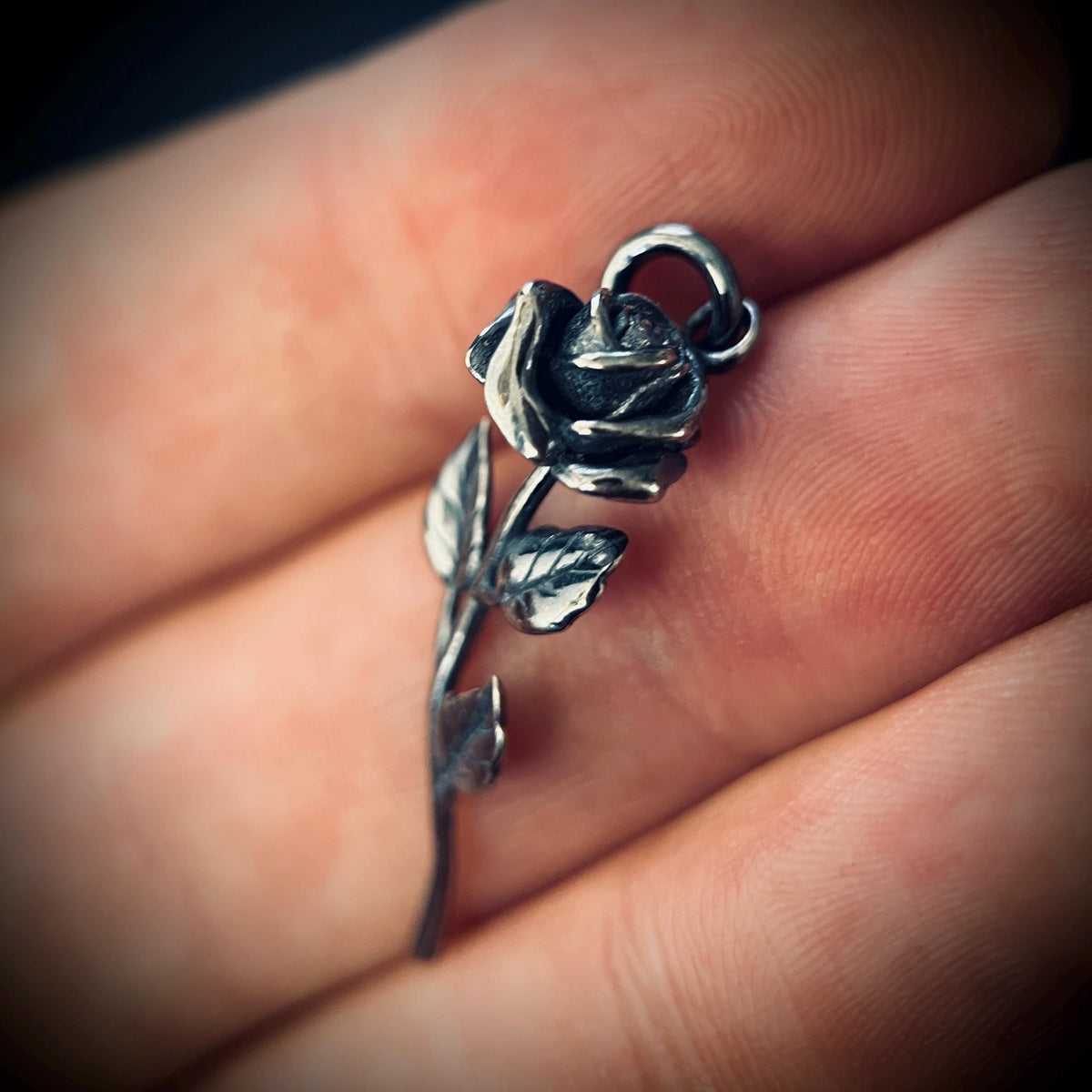 Rustic Oxidised Sterling Silver Rose Pendant • 925 Solid Silver Floral Flower Necklace Charm