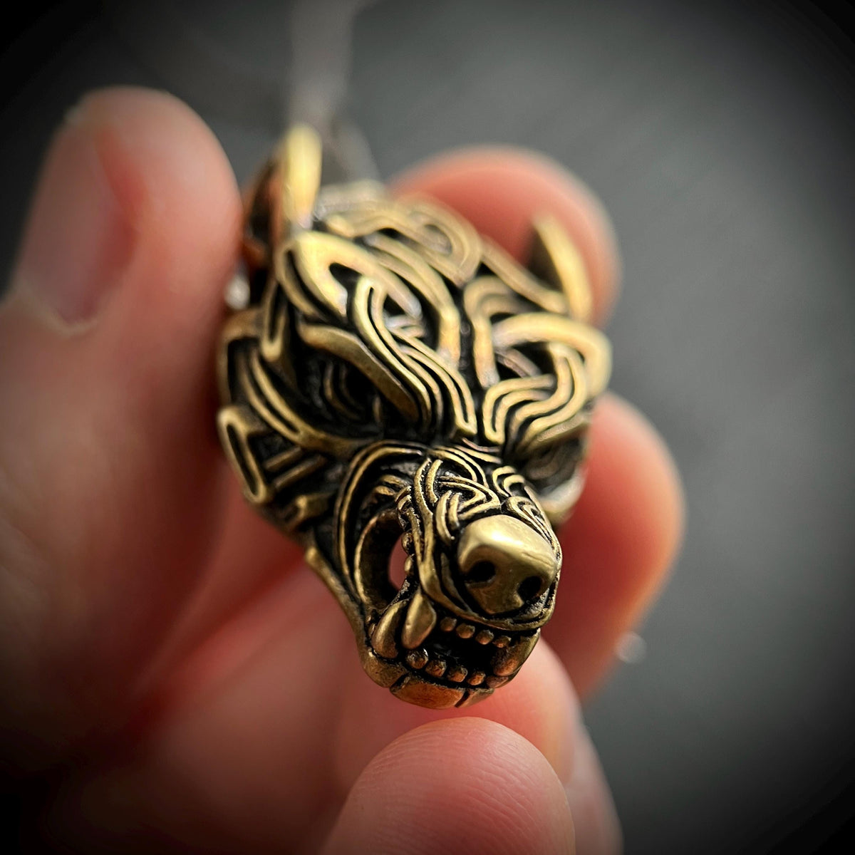 Rustic Brass Celtic Wolf Pendant & Black Distressed Leather Cord Necklace