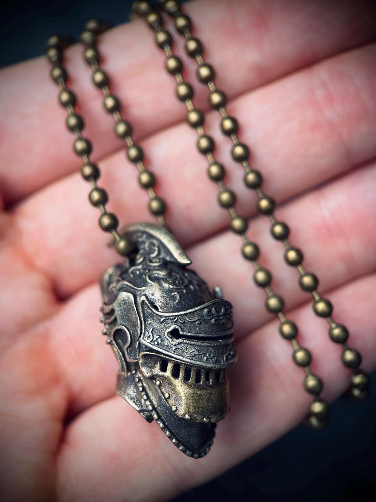 Ornate Highly Detailed Carved Distressed Aged White Brass Templar Knight Helmet Skull Pendant Necklace