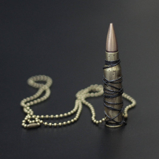 Mens Battle Damaged & Distressed 7.62 Deactivated Brushed Brass Rifle Bullet Pendant with Matching Ball Chain Necklace / Accessory / Rustic