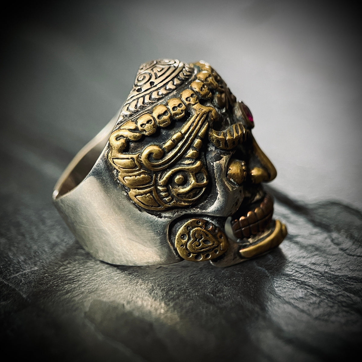 Sterling Silver Tibetan Skull Ring: Handmade Garnet Gemstone Eyes