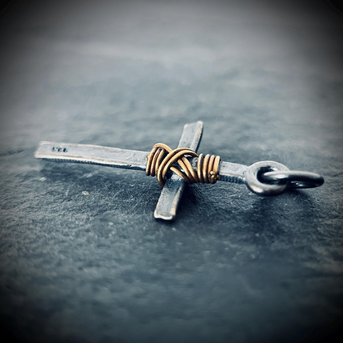 Distressed & Oxidised 925 Solid Sterling Silver Dainty Small Rustic Cross Crucifix Pendant with Brass Rope Wrapping | Minimalist | Plain