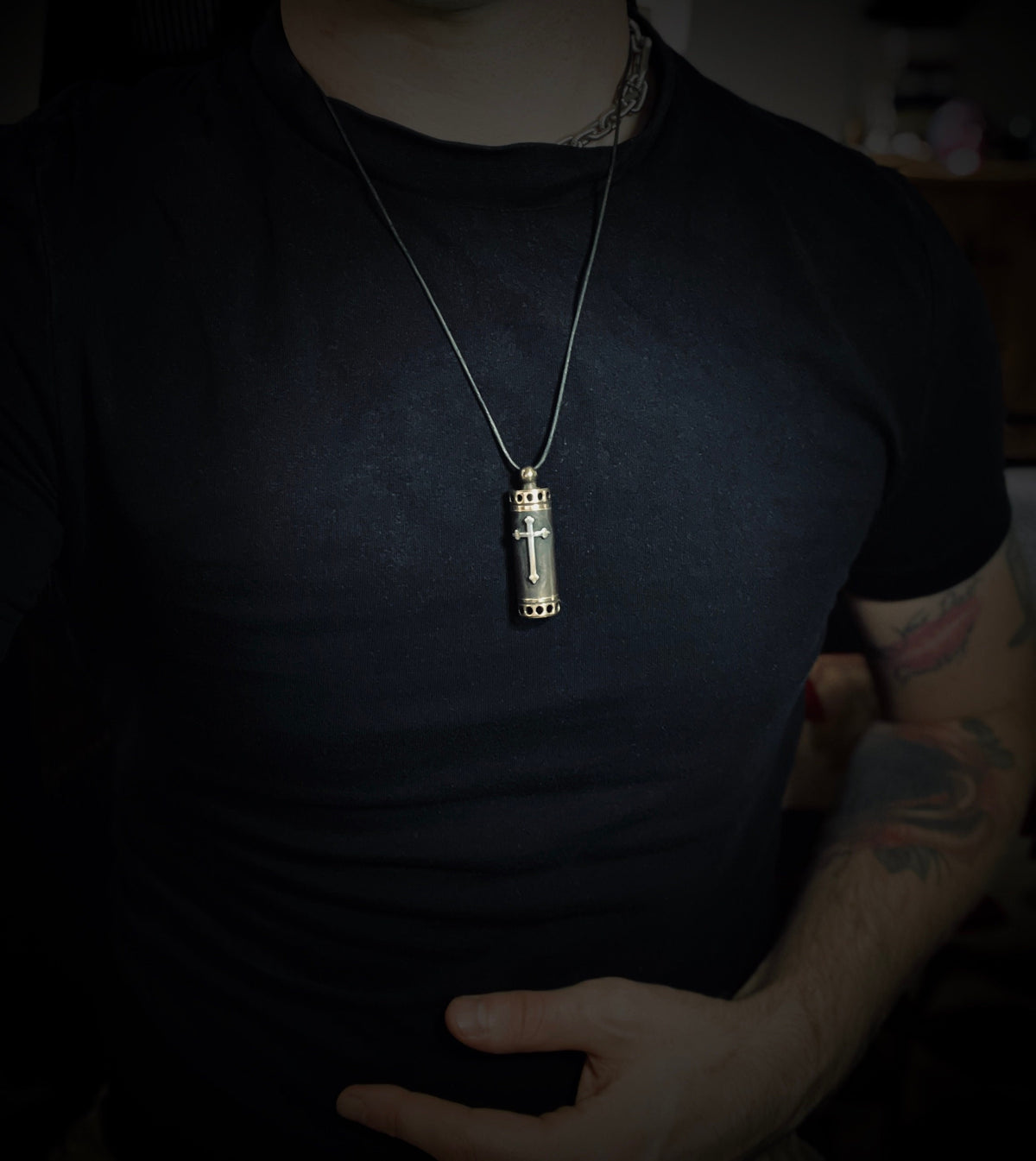 High Contrast Aged Solid Brass Small Pill Vial Distressed Shotgun Shell Capsule Stash Urn Cross Pendant & Matching Leather Cord Necklace