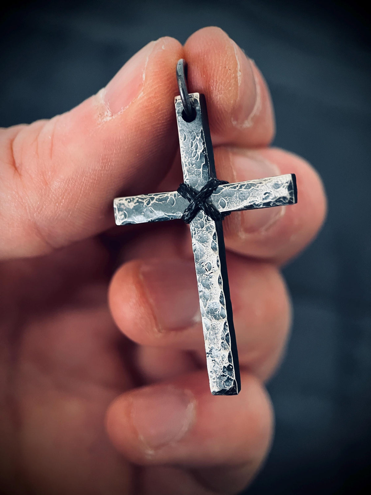 Rustic Hammered Textured 925 Sterling Silver Cross Crucifix Pendant: Distressed Oxidised Finish